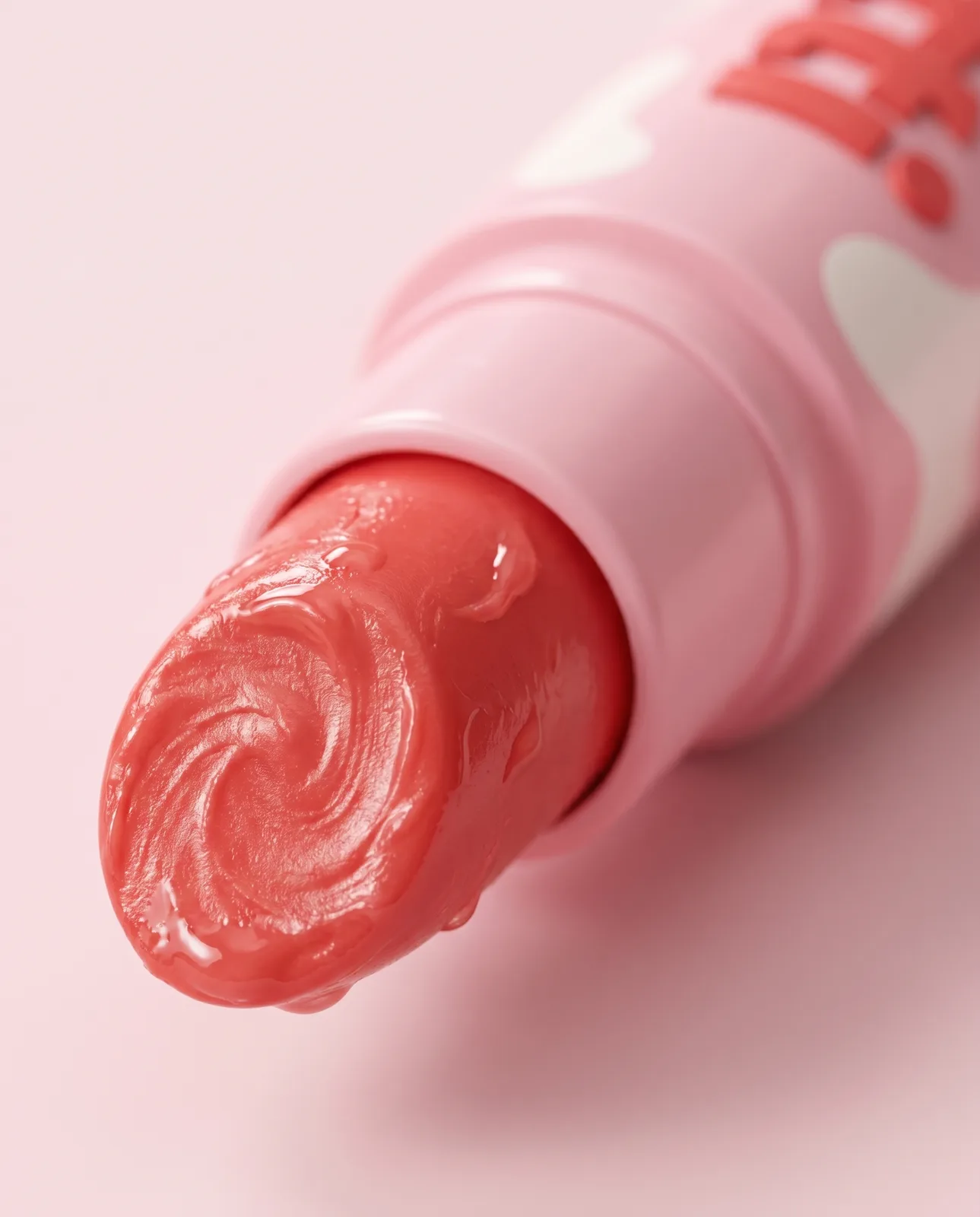 macro close-up of a creamy buttery coral-red tutti lipstick bullet pulled out from a pink tube, showing the soft swirly hydrating texture like a melted lip balm
