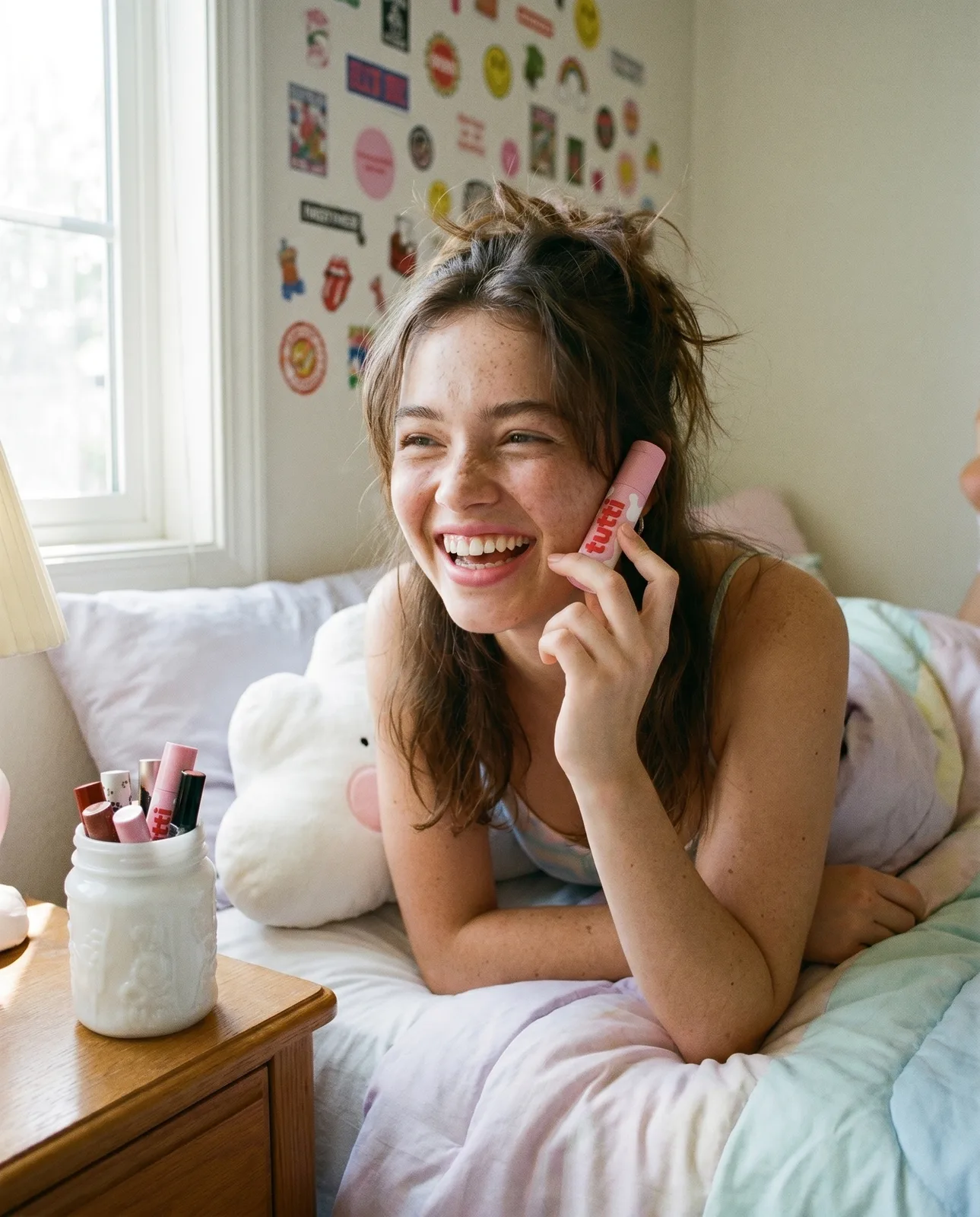 young woman laughing in her bedroom holding a pink tutti tube up like a phone, surrounded by stickers and cloud-shaped pillow