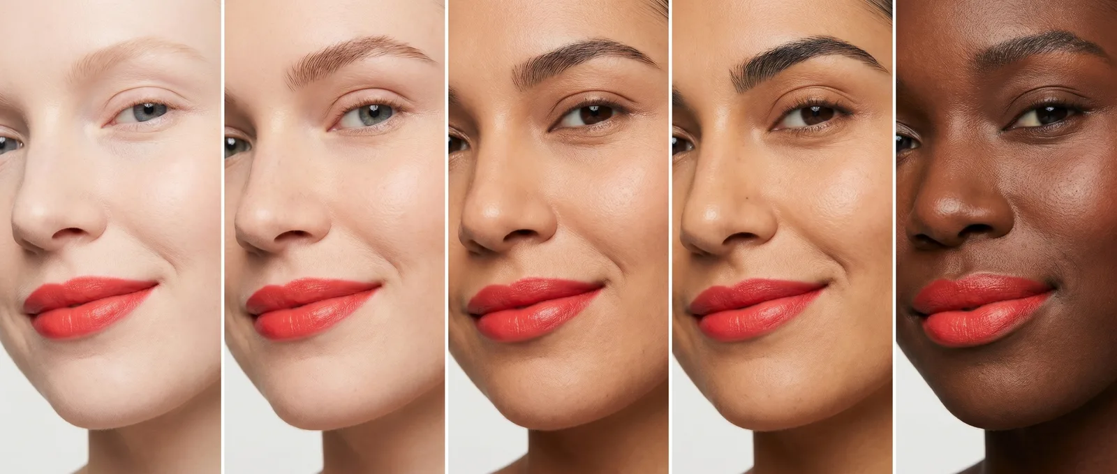 five different women with diverse skin tones — fair, light, medium, olive, deep brown — each wearing tutti 02 cherry lipstick, smiling softly, no filter, magazine beauty photography