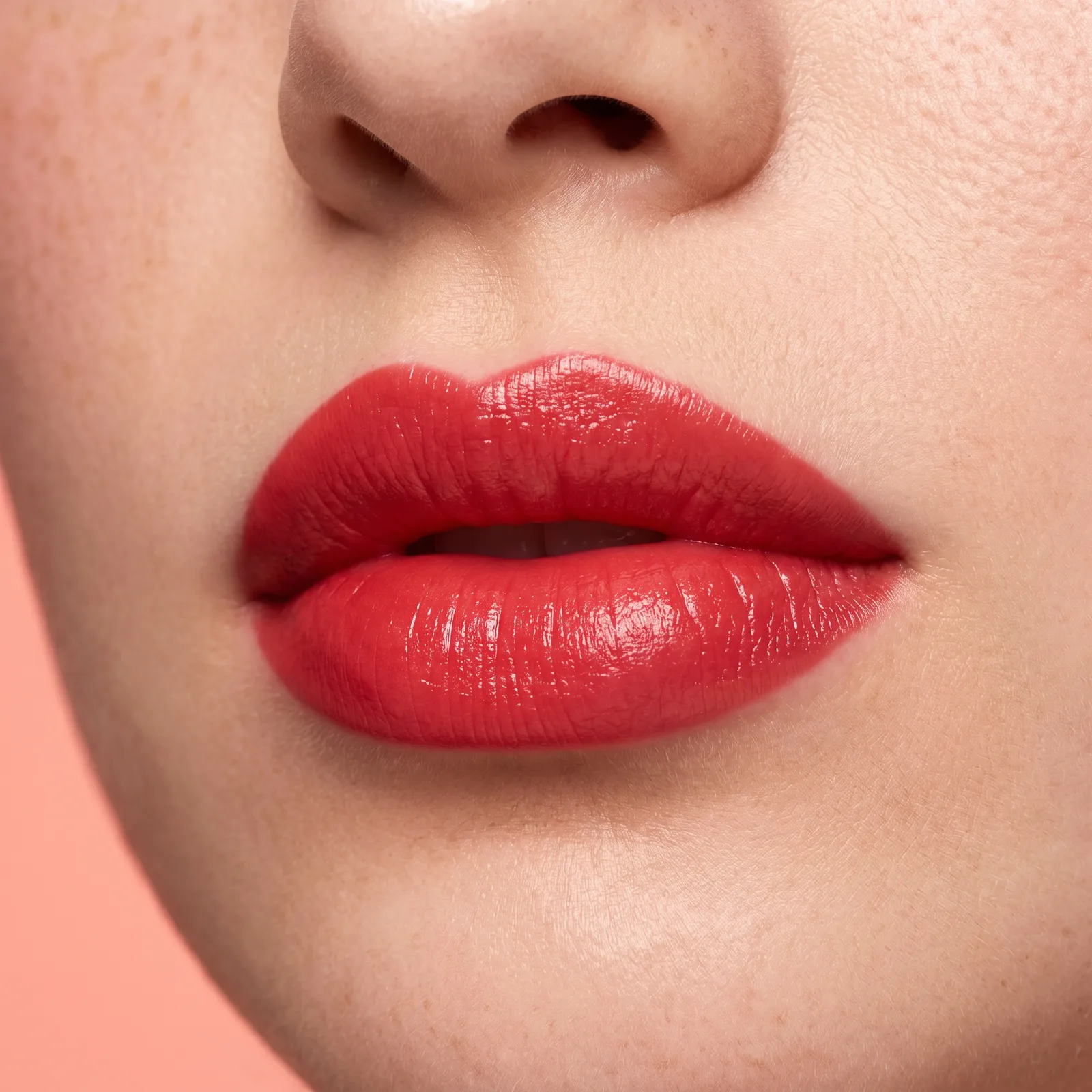 extreme close-up of full healthy lips wearing tutti 02 cherry — creamy hydrating cherry-red lipstick with cloud-lip finish