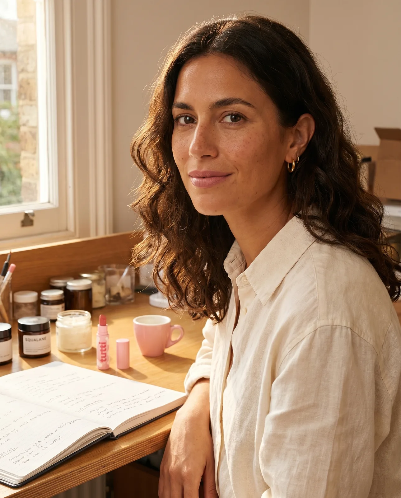 mia carraro, founder of tutti, sitting at her london home studio bench wearing a cream linen shirt, smiling softly, with formulation jars and a pink tutti lipstick tube on the desk beside her
