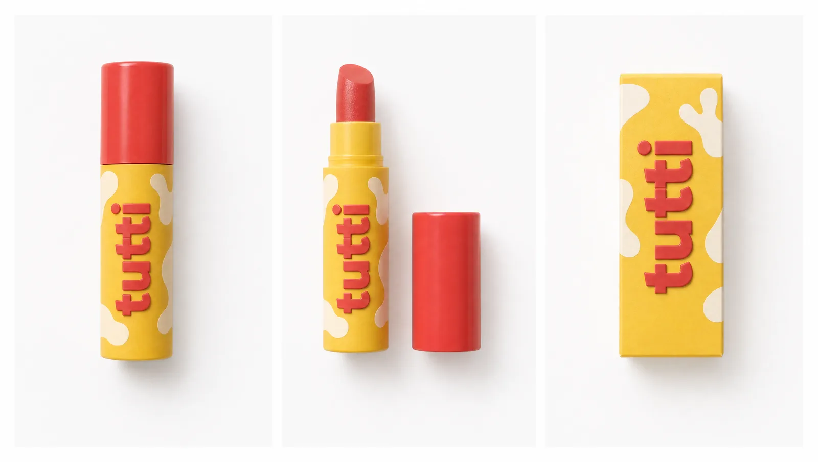 tutti shade 05 sun — butter — packaging butter yellow with white milk-splash pattern