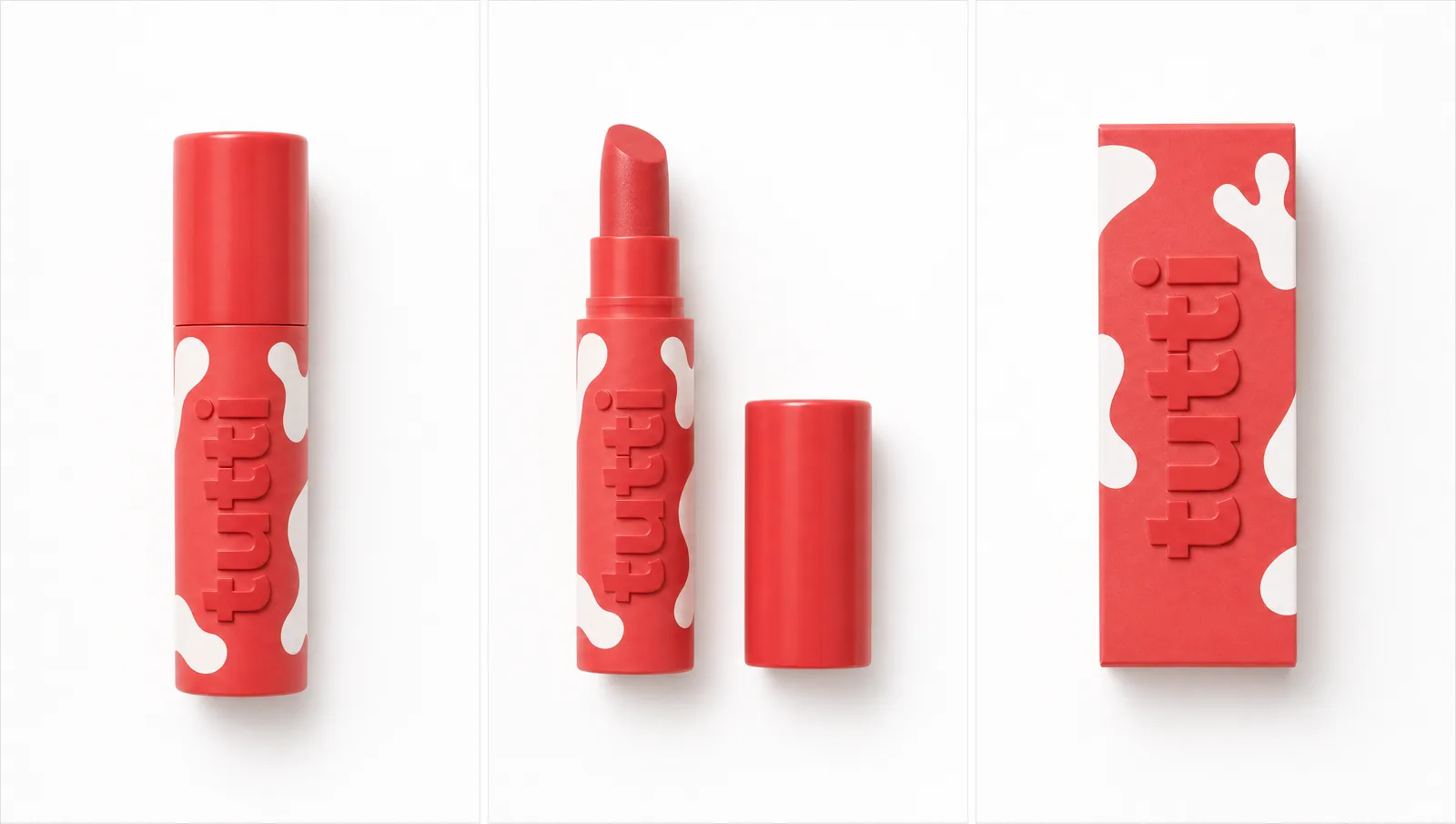 tutti shade 02 red — cherry — packaging cherry red with white milk-splash pattern