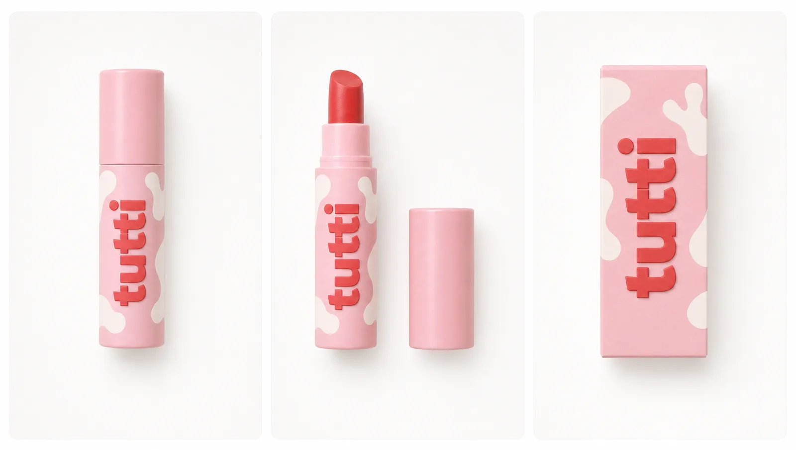 tutti shade 01 pink — cream — packaging pink with white milk-splash pattern and red bubbly tutti wordmark