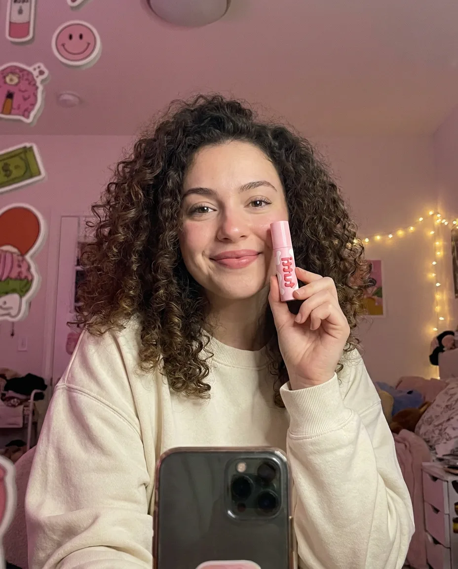 curly-haired young woman taking a mirror selfie in a sticker-covered bedroom, holding a candy-pink tutti tube next to her face, wearing milky rose lipstick