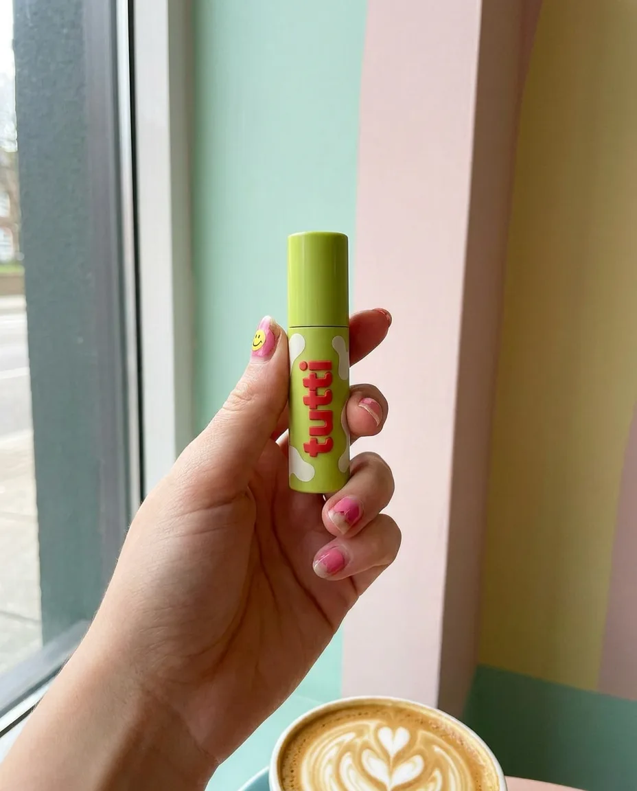 hand with chipped pink nail polish holding a lime green tutti tube against a pastel cafe wall, latte in the corner