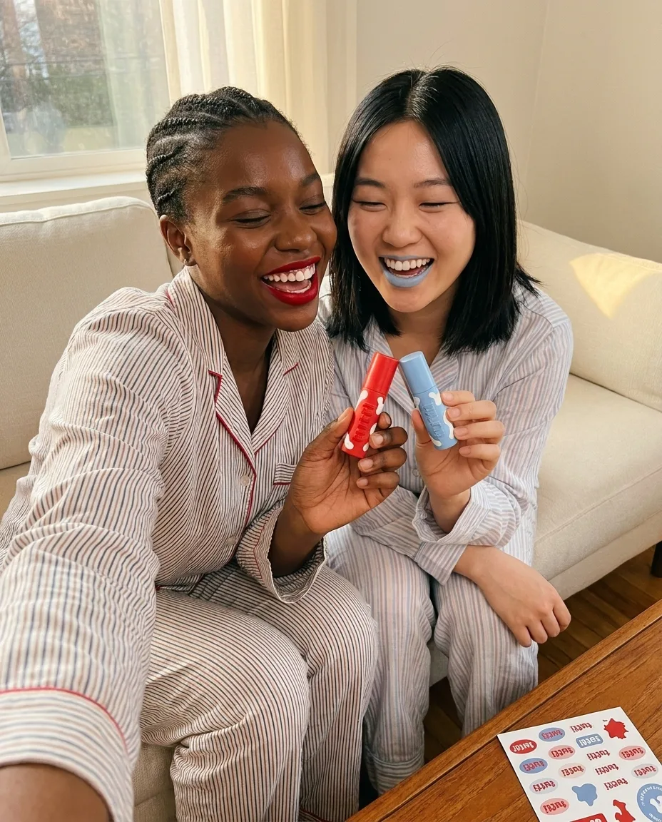 two friends in pajamas on a cream sofa, laughing, holding cherry red and sky blue tutti tubes up like they're toasting