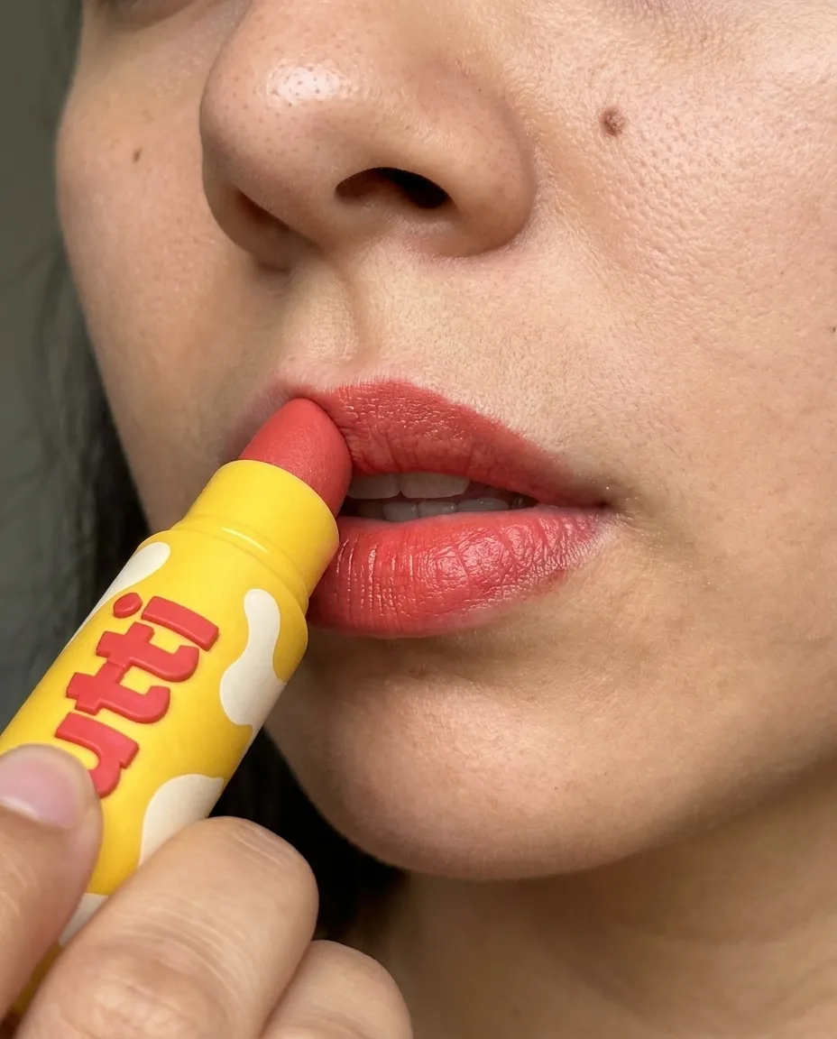 extreme close-up of lips being applied with butter yellow tutti tube, mid-swipe, soft coral red color showing