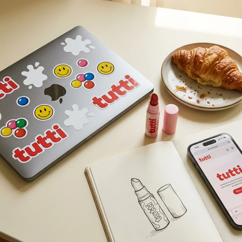 laptop covered in tutti stickers, a pink tutti tube next to a croissant and an open notebook with a lipstick doodle, an iphone showing the tutti site