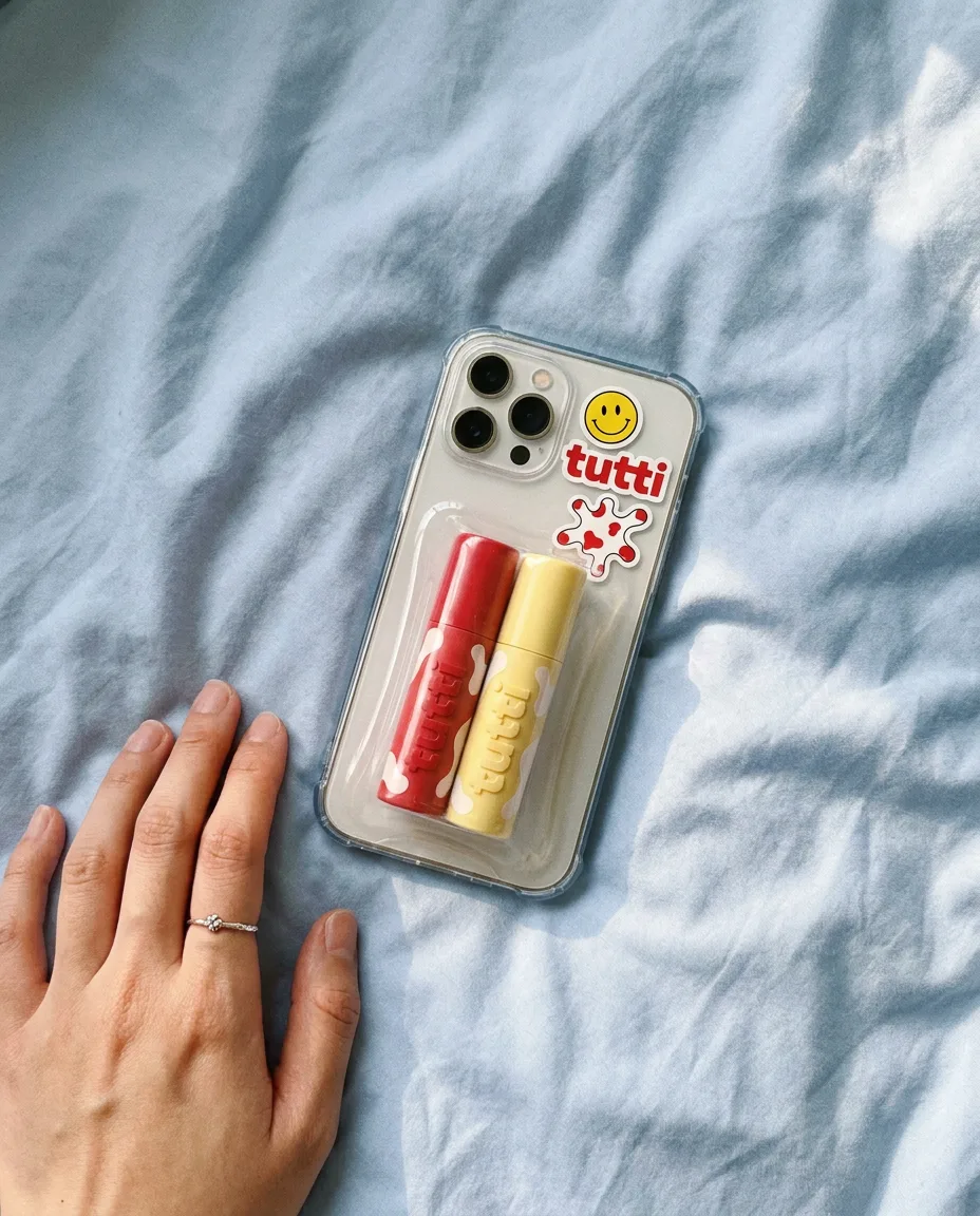 iphone on pastel blue bedsheet with two tutti tubes (cherry and butter) tucked into the clear case behind the phone, plus stickers